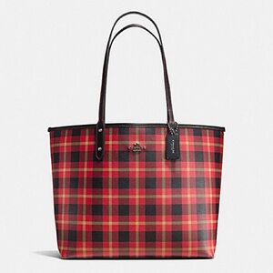 Coach Red and Black Plaid Tote Bag